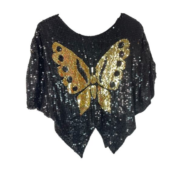 Sequin Butterfly Top Beaded Vintage 70/80s Glam Sparkle Silk - Picture 2 of 7
